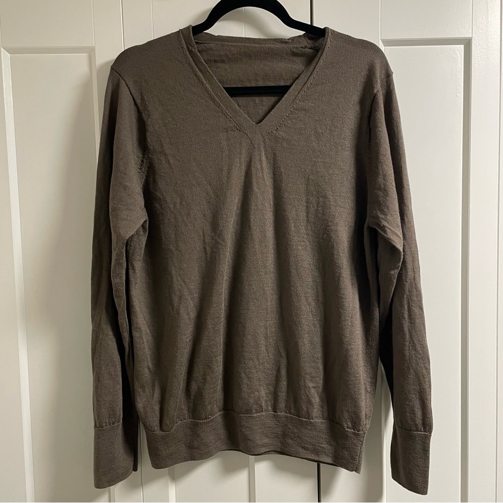 Muji 100% Wool Knit Sweater Vneck Taupe Washable Wool Mens Size XL